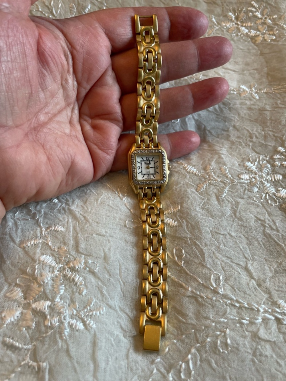 Versailles Gold Tone Women's Crystal Bezel Link Watch with White Dial. 7”. - Picture 3 of 5